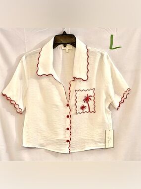 White Button-Down Crop Shirt with Red Trim and Palm Pocket